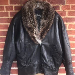 J Walden Raccoon Collar leather 80s coat